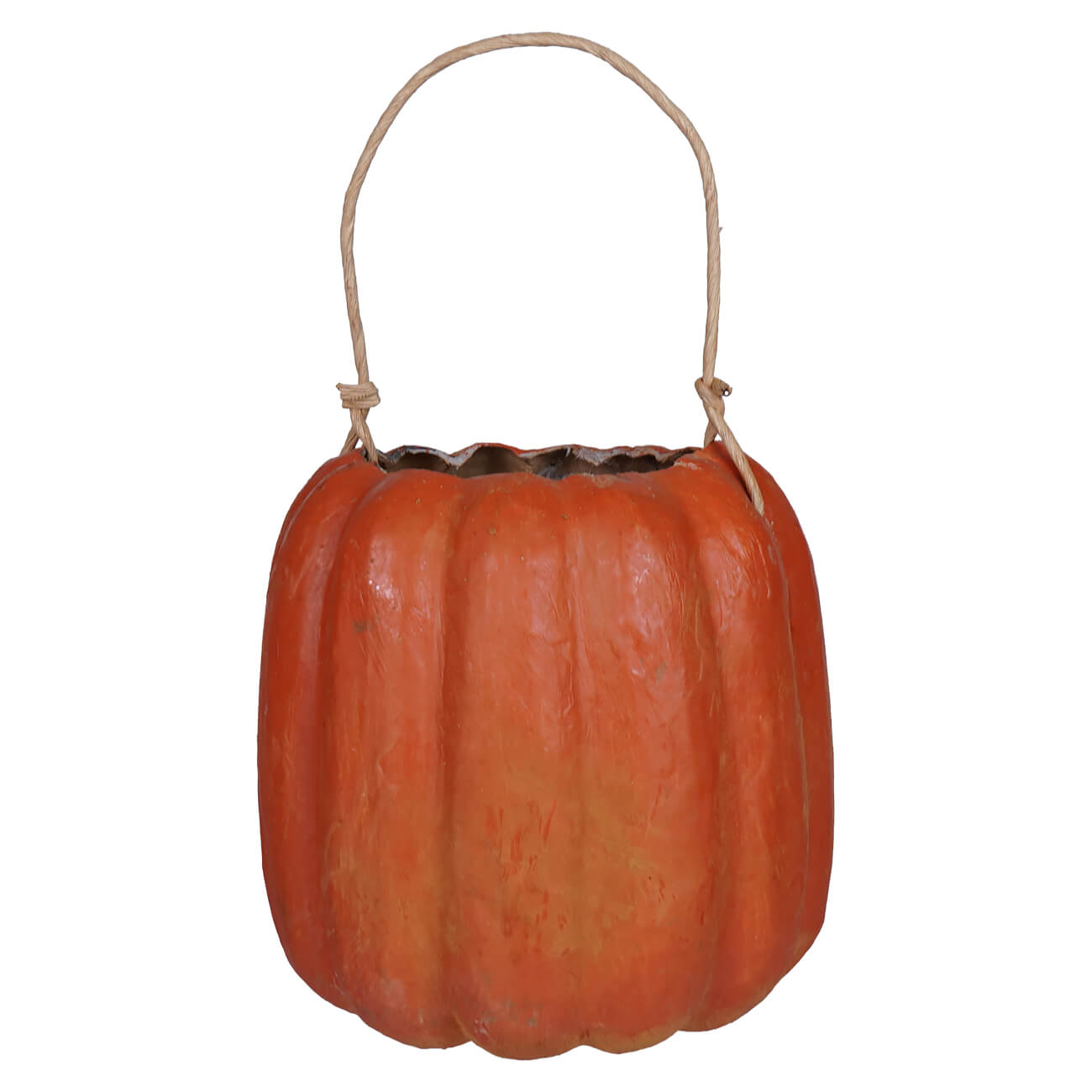 Orange scary face pumpkin bucket hanging planter with woven handle handcrafted folk art by raggedy junction design