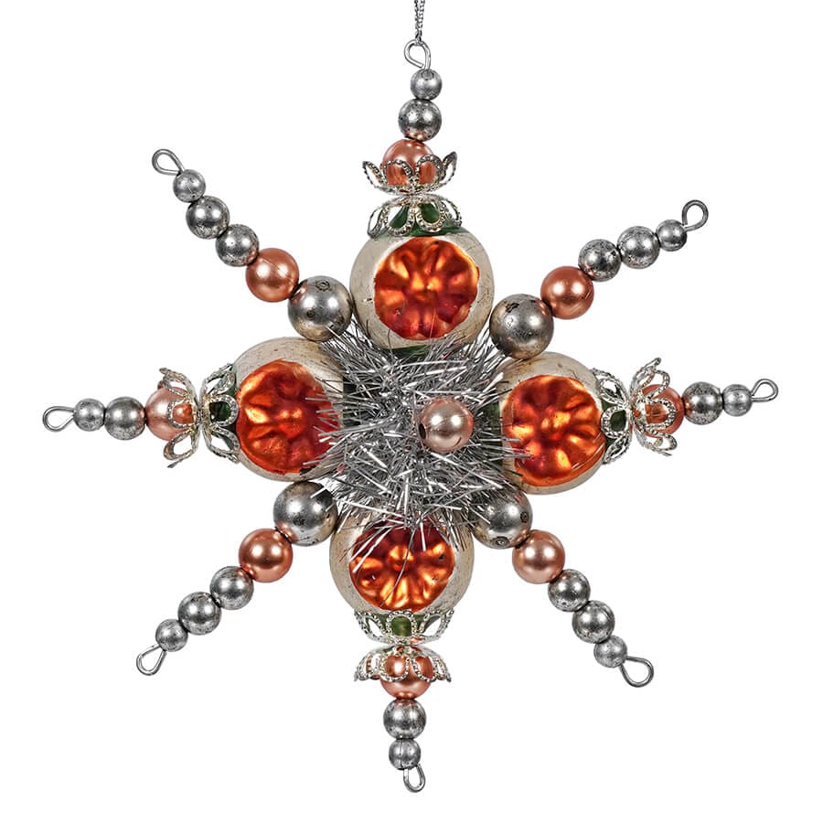 Orange & Silver Tinsel Starburst Ornament - Ornaments