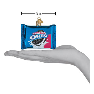 Blue and pink glass oreo double stuf christmas glass ornament shaped like a cookie package for food and drink decor