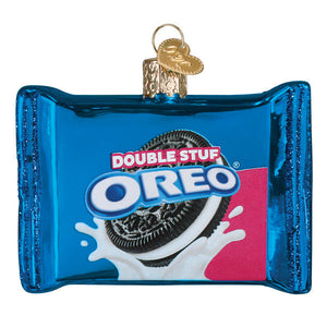 Blue glass oreo double stuf christmas glass ornament shaped like a cookie package with gold hanging loop for food & drink ornaments