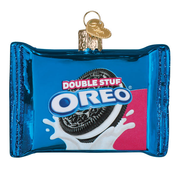 Blue glass oreo double stuf christmas glass ornament shaped like a cookie package with gold hanging loop food drink ornaments