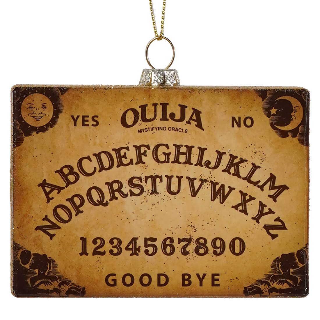 Vintage-style brown ouija board glass ornament with embossed letters featuring a beige planchette glass by cody foster