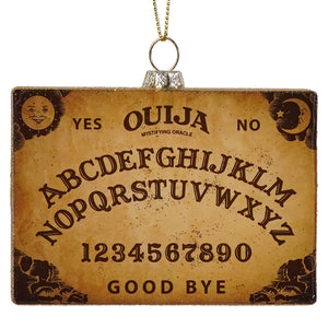 Vintage-style brown ouija board glass ornament with embossed letters featuring a beige planchette glass by cody foster