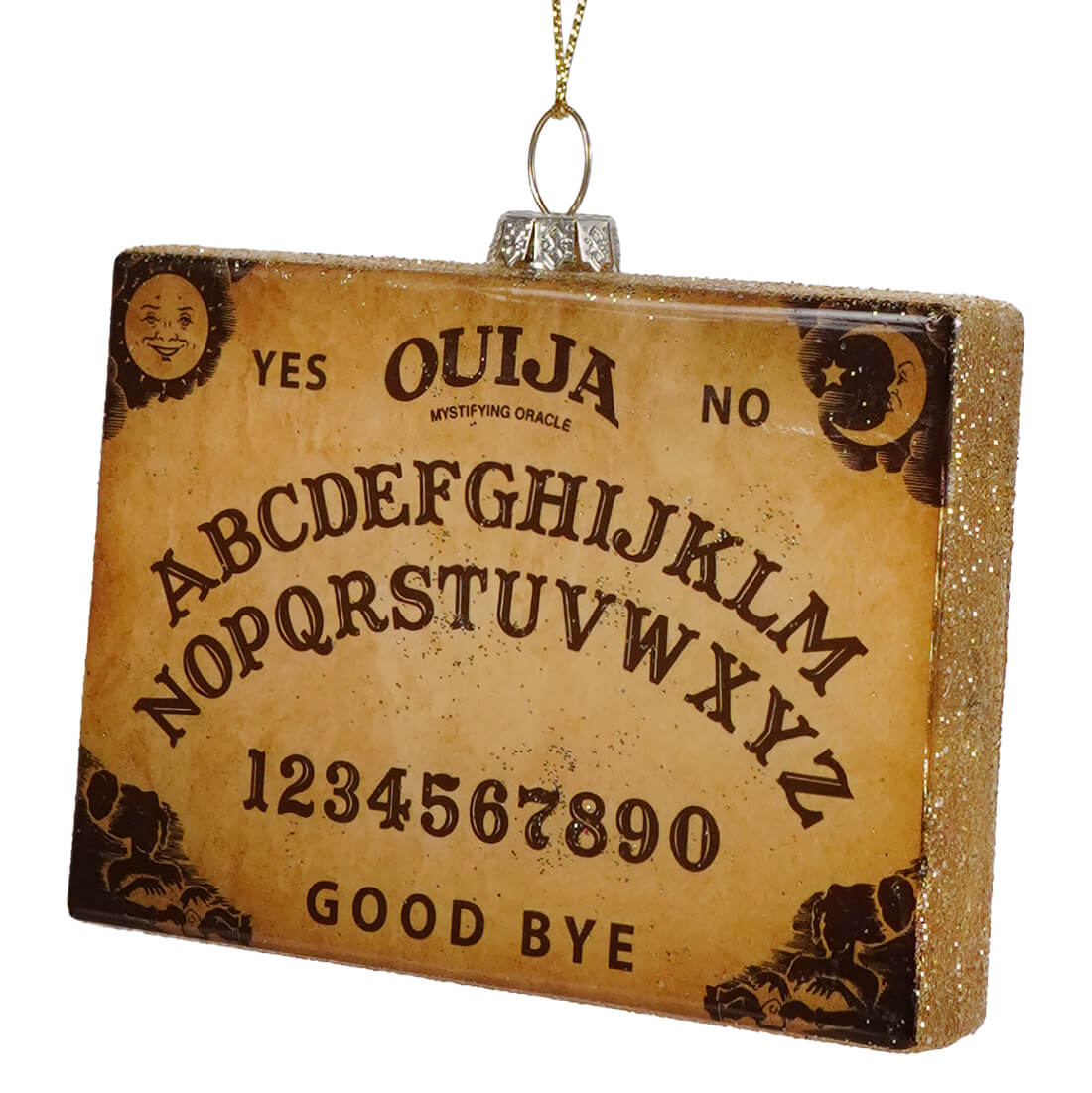 Glittery gold and brown ouija board glass ornament with smiling sun crescent moon and beige planchette glass detail by cody foster