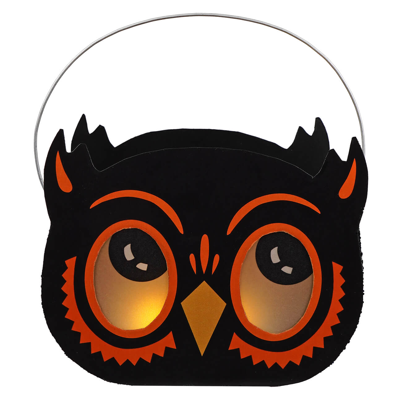 Black owl halloween bucket luminary with orange accents glowing eyes and silver wire handle perfect for halloween buckets and lanterns