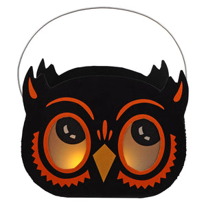 Black owl halloween bucket luminary with orange accents glowing eyes and silver wire handle perfect for halloween buckets and lanterns