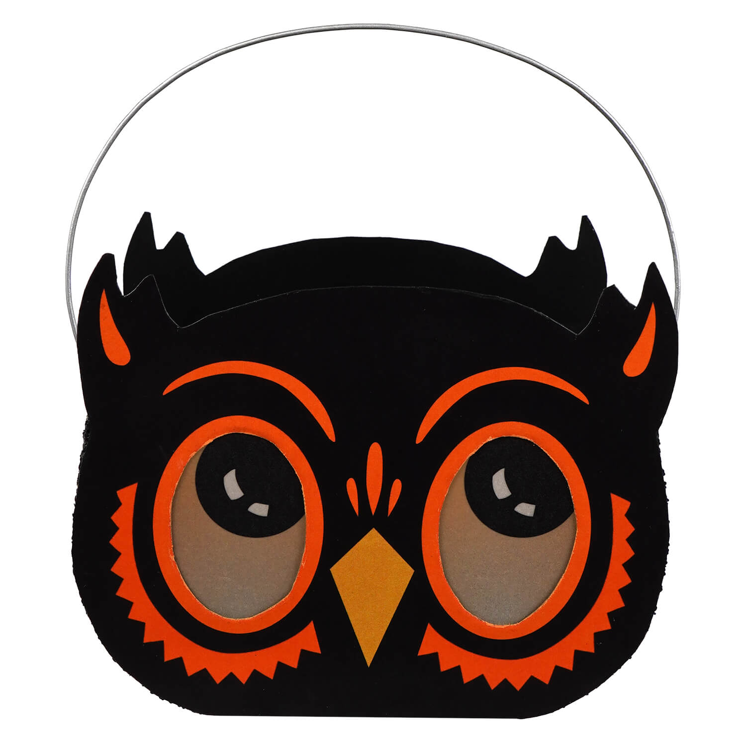 Black owl halloween bucket luminary with orange accents and silver wire handle for spooky halloween buckets and lanterns