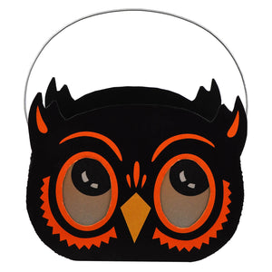 Black owl halloween bucket luminary with orange accents and silver wire handle for spooky halloween buckets and lanterns