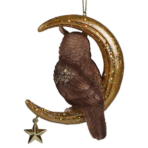 Brown owl resin ornament perched on a glittering gold crescent moon with a star charm moon ornament