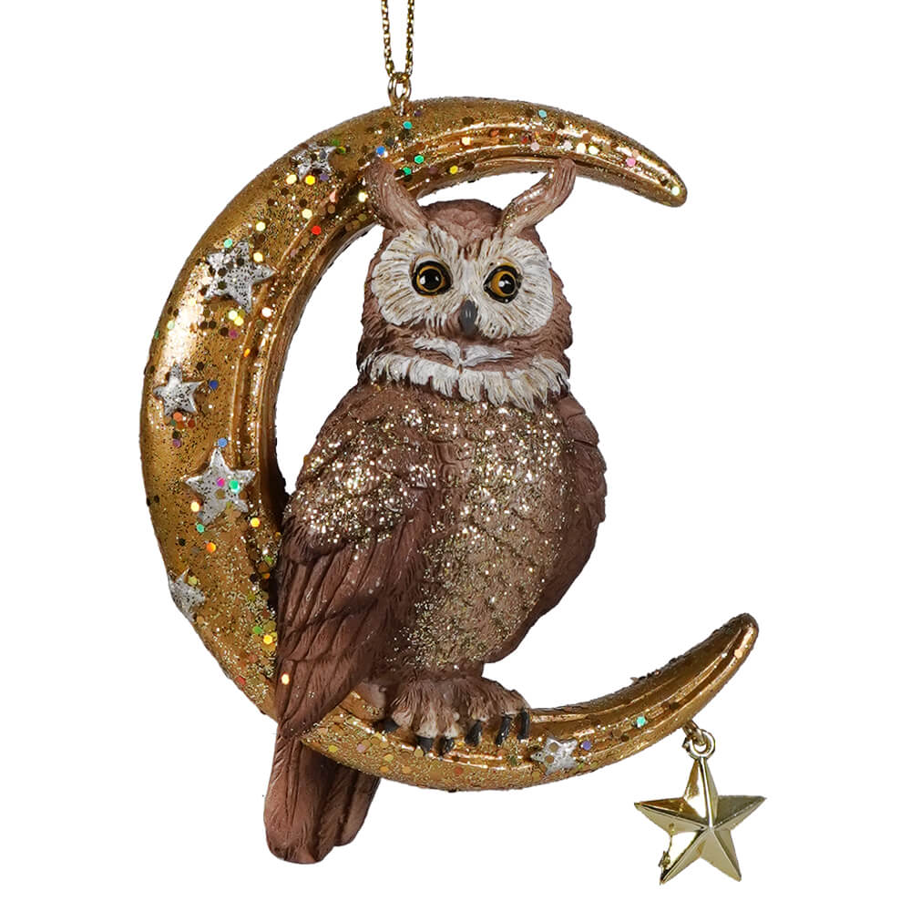 Owl ornament perched on gold and silver crescent moon resin ornament perfect for home decor or gifts