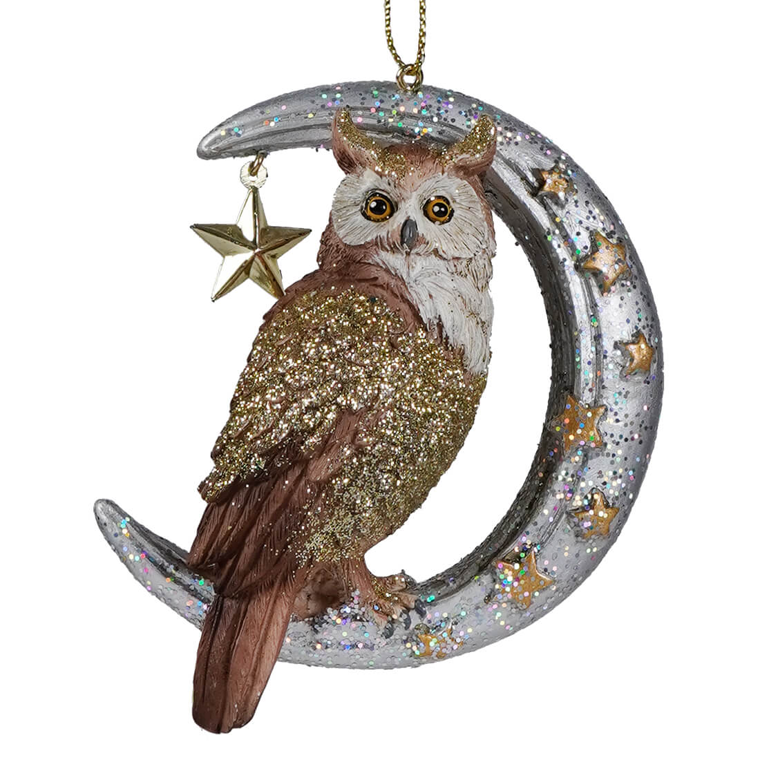 Owl ornament perched on a gold and silver crescent moon ornament perfect for christmas decoration