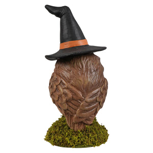 Brown owl figurine with a black witch hat on a mossy base from bethany lowe design halloween witches collection