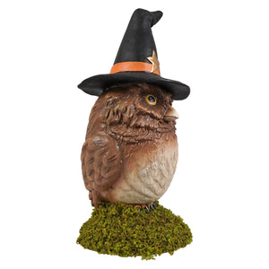 A bethany lowe design brown owl figurine wearing a black halloween witches hat on a green moss base called owlina witch