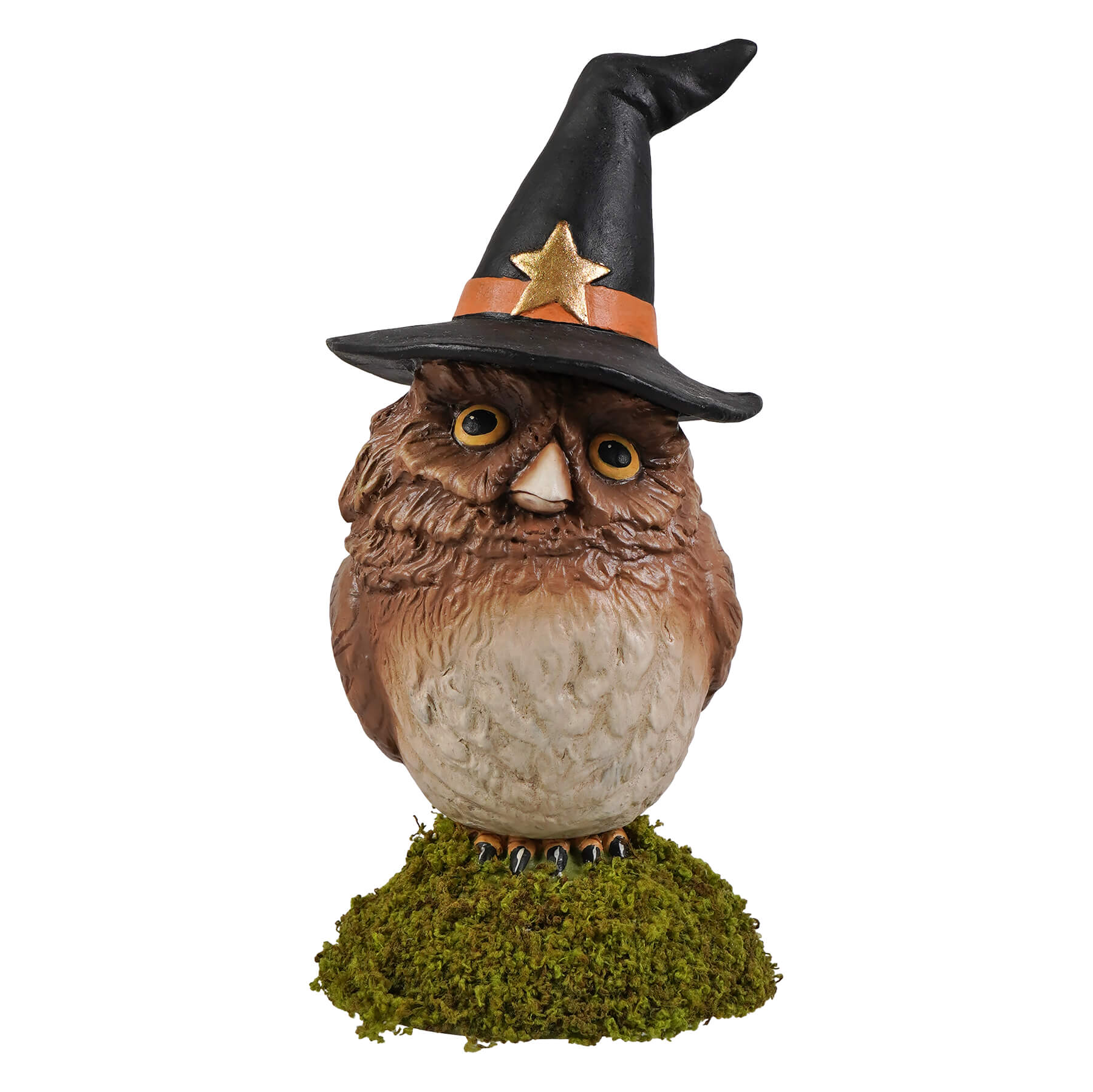 A charming brown owl figurine by bethany lowe design wearing a black halloween witches hat on a mossy base