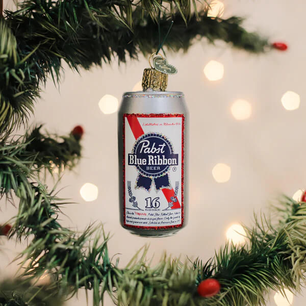 Silver pabst blue ribbon christmas glass ornament shaped like a beer can with red and blue label design
