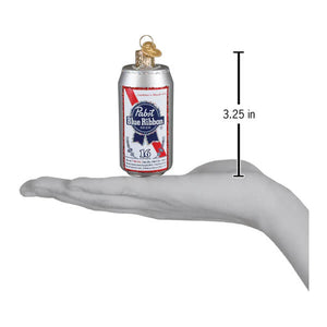 Miniature silver pabst blue ribbon blue ribbon beer christmas glass ornament with red blue branding and gold pull-tab top
