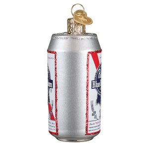 Silver glass pabst blue ribbon beer can ornament with red blue label and gold cap christmas glass ornament