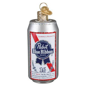 Silver pabst blue ribbon christmas glass ornament shaped like a beer can with red and white label and gold cap