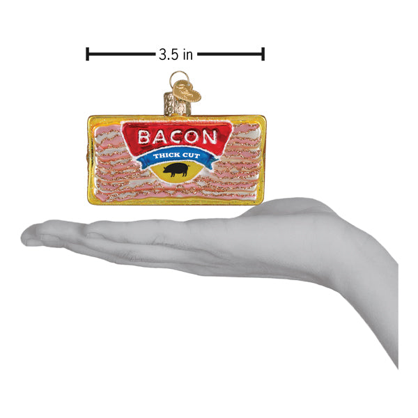 Pack of bacon ornament is a miniature glass figural decor shaped like a red and blue bacon strips ornament package