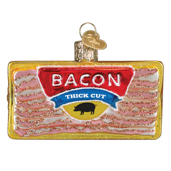 Glossy glass bacon strips ornament with pink white stripes red label blue banner and black pig silhouette figural decor