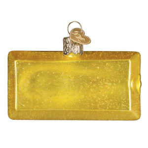Golden glittery rectangular glass bacon strips ornament with silver hanger and heart tag for figural decor or tree toppers