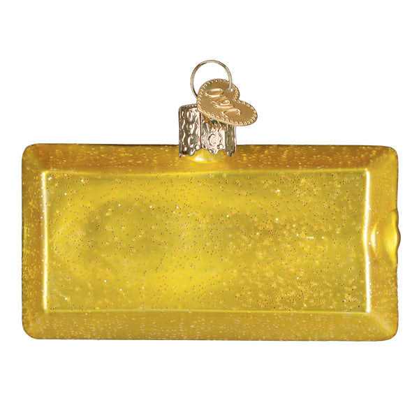 Golden glittery rectangular glass bacon strips ornament with silver hanger and heart tag for figural decor or tree toppers