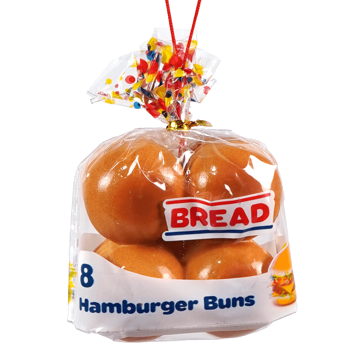 Packaged hamburger buns ornament made of clear plastic showing eight golden-brown buns with a bread logo, food drink ornament