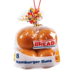 Packaged hamburger buns ornament made of clear plastic showing eight golden-brown buns with a bread logo, food drink ornament