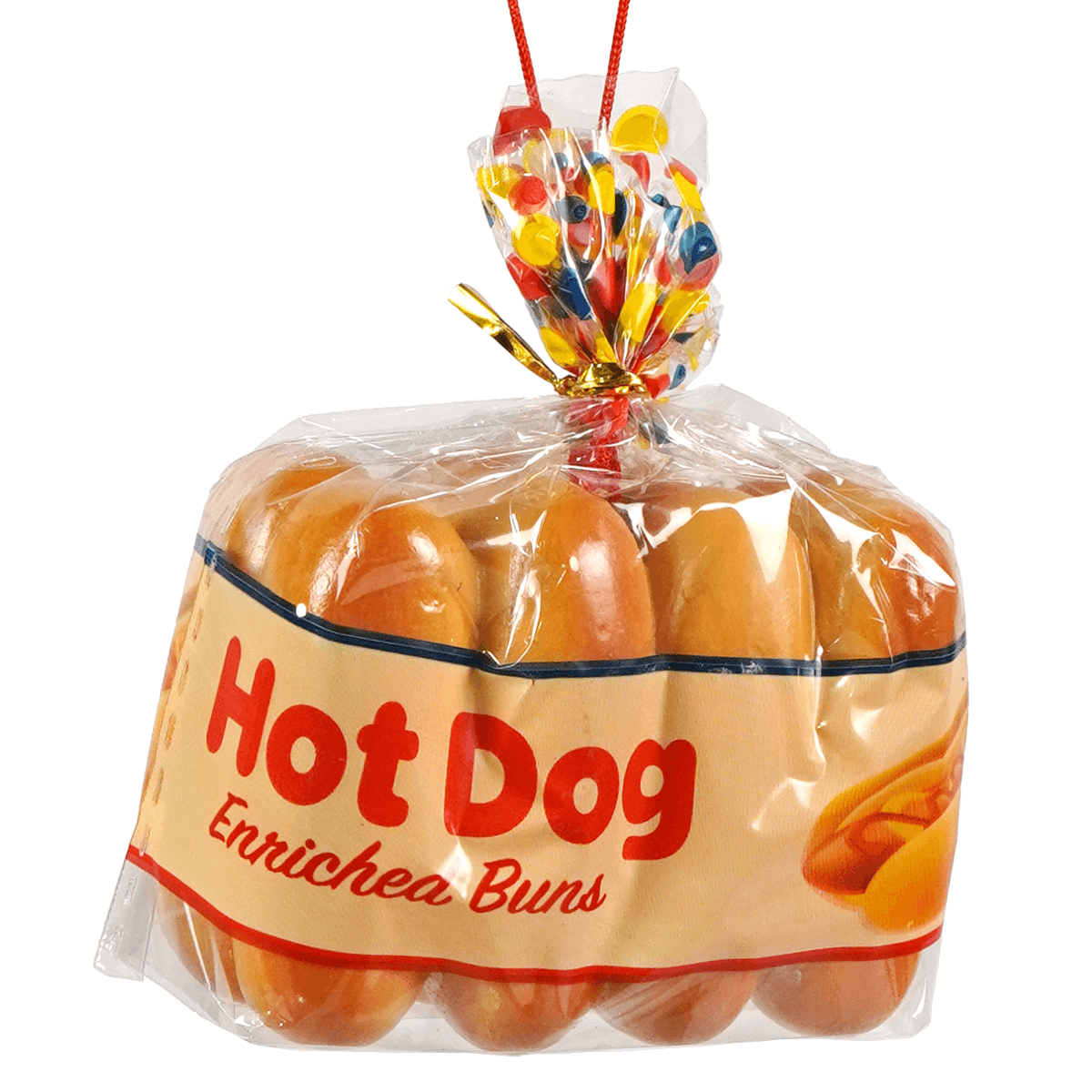 A packaged hot dog enriched buns ornament in clear plastic with a beige label and colorful string, food & drink ornaments