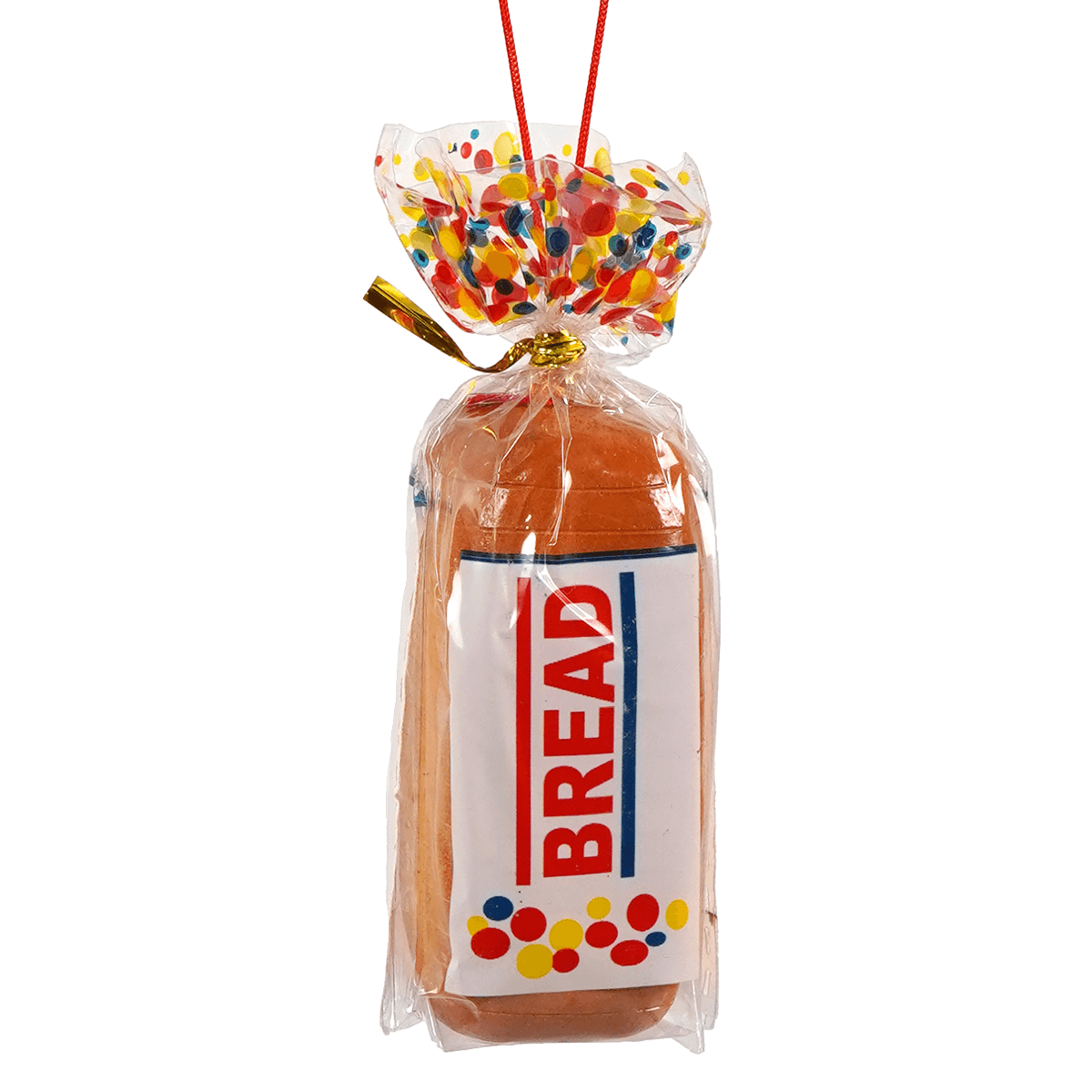 A festive orange loaf-shaped french baguette ornament wrapped in clear polka-dot cellophane with gold ribbon tie