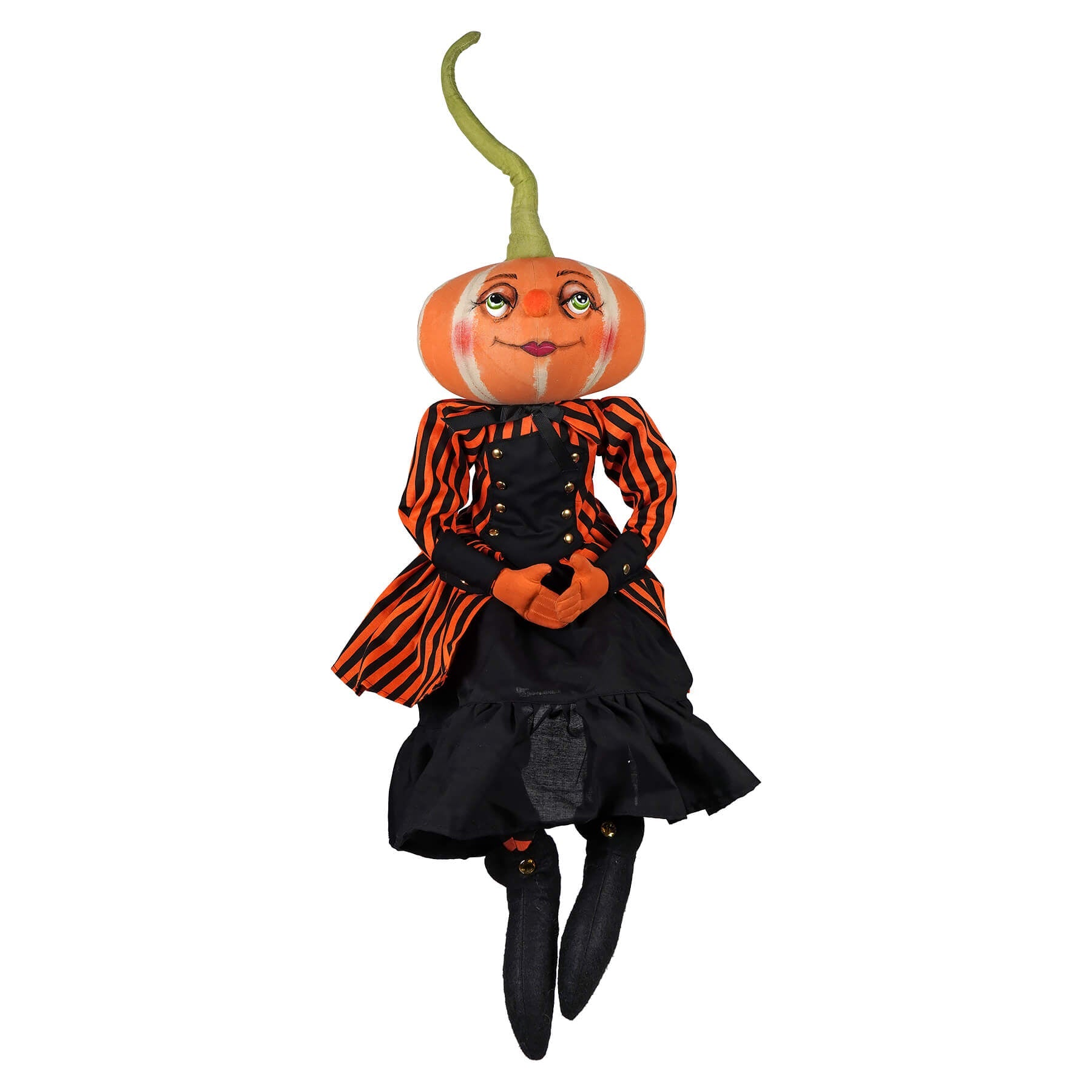 Orange pumpkin-headed padma pumpkin doll wearing black and orange striped jacket and black corseted dress from joe spencer halloween dolls & decor