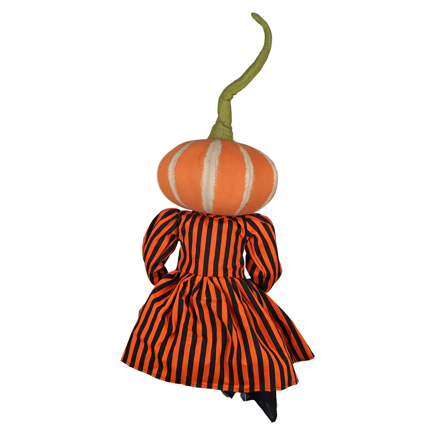 Padma pumpkin doll with orange white striped pumpkin head wearing orange black dress by joe spencer halloween dolls & decor