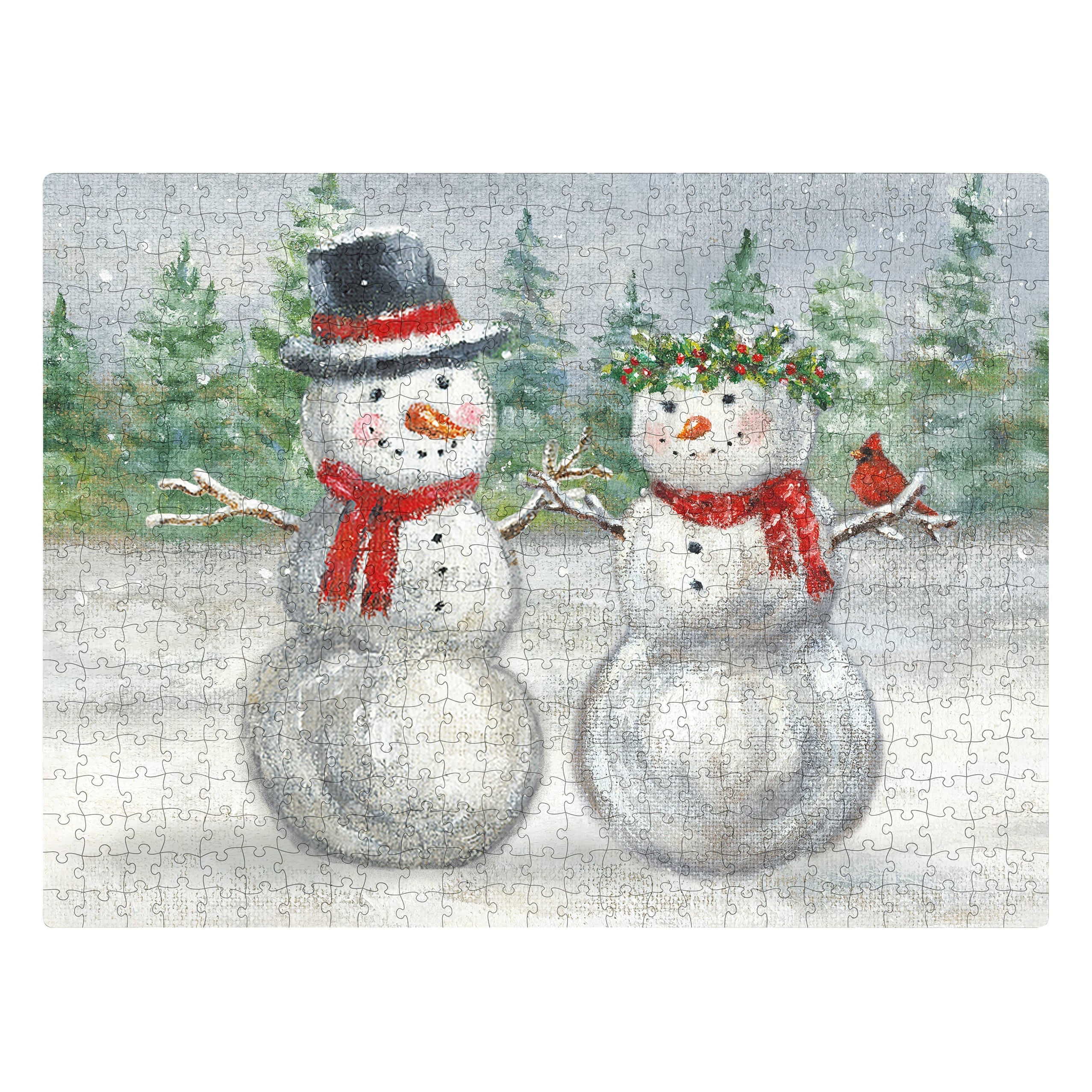 A completed snow family puzzle showing two snowmen in a snowy forest, perfect vintage santas puzzle for christmas fun