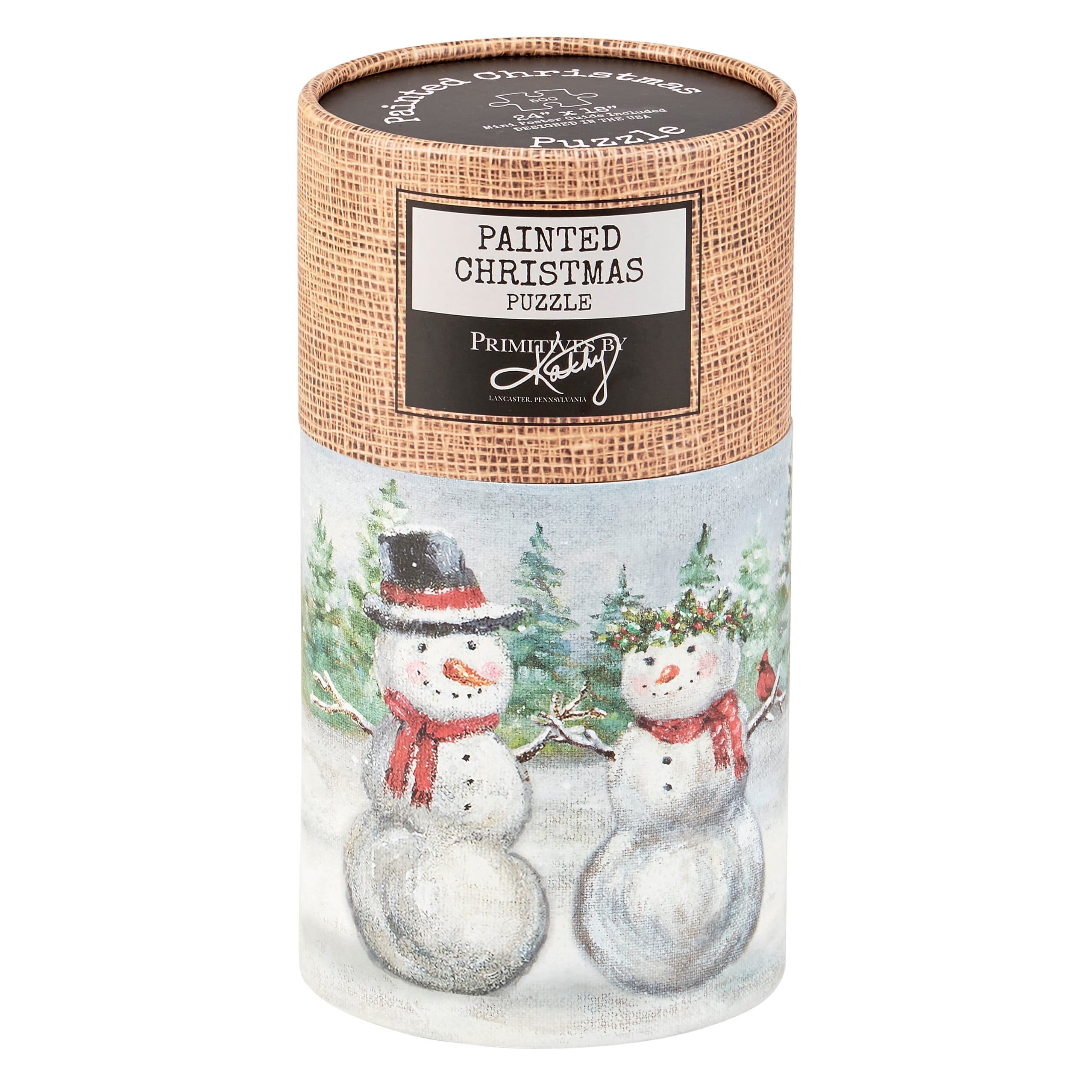 Cylindrical snow family puzzle box with burlap texture and painted snowmen, perfect for vintage santas puzzle fans