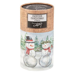 Cylindrical snow family puzzle box with burlap texture and painted snowmen, perfect for vintage santas puzzle fans