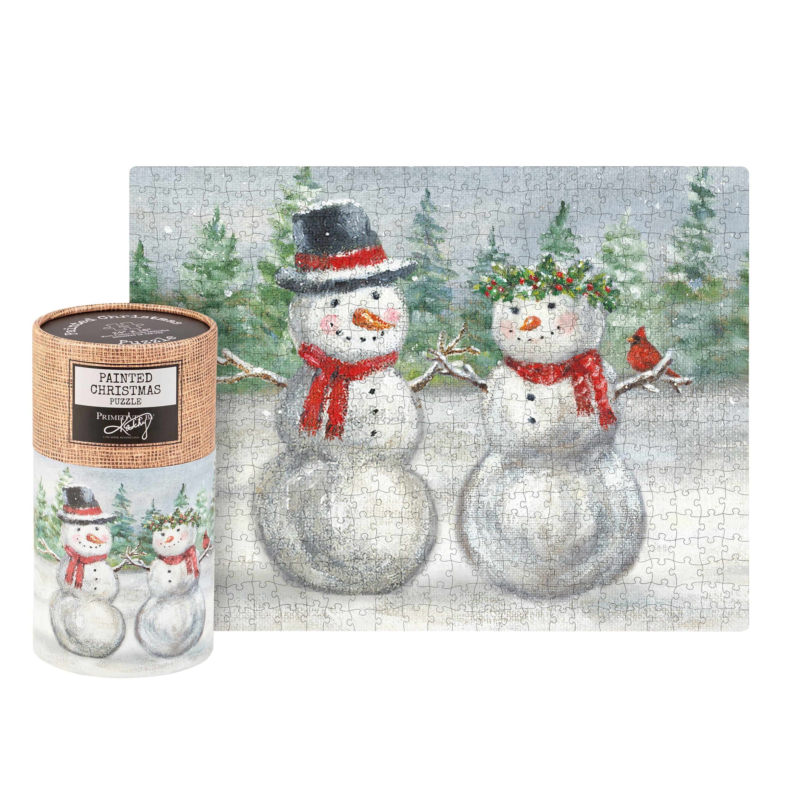 A snow family puzzle box with a burlap lid featuring two snowmen in red scarves in a vintage santas puzzle style