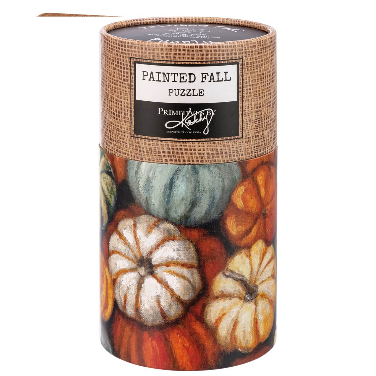 Cylindrical painted fall 1000 piece pumpkin puzzle with colorful pumpkin designs on burlap textured top and bottom