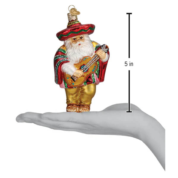Papa noel ornament santa ornament featuring a glass santa in a colorful embroidered jacket and red sombrero playing guitar