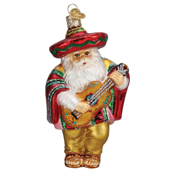Papa noel ornament featuring santa ornament wearing a colorful sombrero and outfit holding a guitar