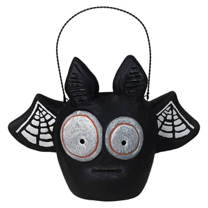 Black paper mache bat bucket with silver eyes and white spiderweb wings from transpac halloween collection halloween buckets and lanterns