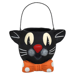 Black paper mache cat bucket from transpac halloween collection with white eyes red nose and orange polka-dot bow tie