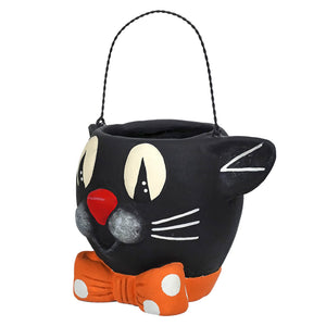 Paper mache cat bucket in black with white eyes red nose silver cheeks and orange polka dot bow tie from transpac halloween collection