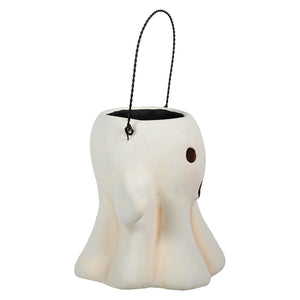 Paper mache ghost bucket in white with a black handle and brown eye detail from transpac halloween collection