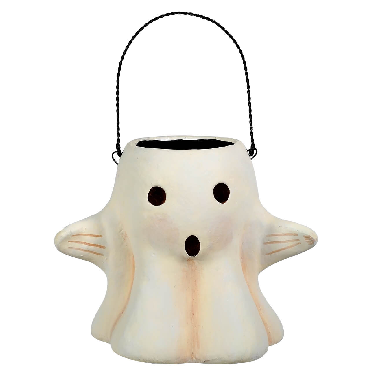 Paper mache ghost bucket white ghost shaped halloween candy bucket with black eyes and twisted black rope handle transpac halloween collection