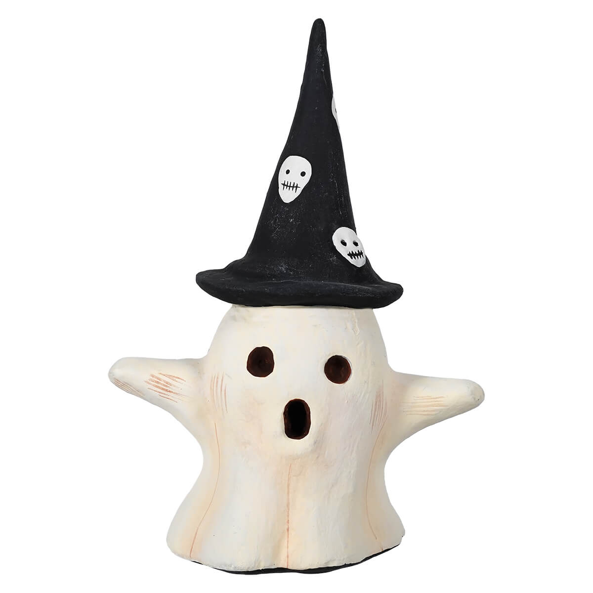 A white paper mache ghost wearing a black witch hat figurine with small white skulls perfect for halloween ghost figures