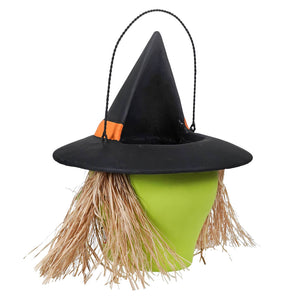 Paper mache witch bucket with black hat orange band and straw hair on lime green base from transpac halloween collection
