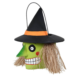 Green mache witch bucket with black hat and straw hair from transpac halloween collection hanging basket
