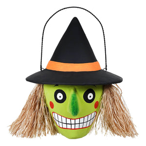 Green paper mache witch bucket with black hat orange band and straw hair from transpac halloween collection for candy