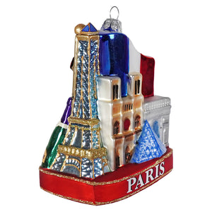 Vibrant paris city ornament glass featuring miniature skyline in blue gold white and red from kurt adler cityscapes collection