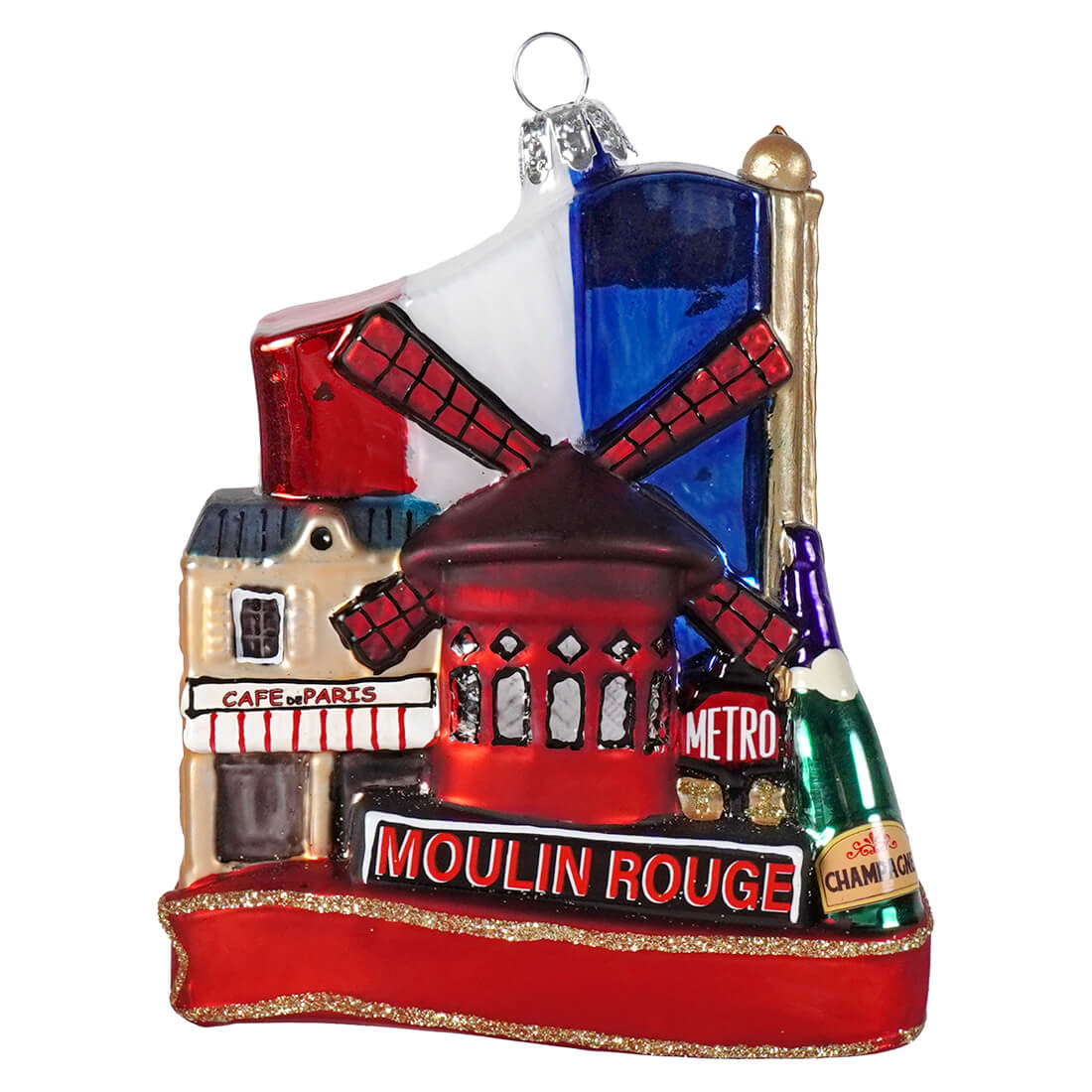 A paris city ornament glass with red white and blue windmill and moulin rouge from kurt adler cityscapes collection